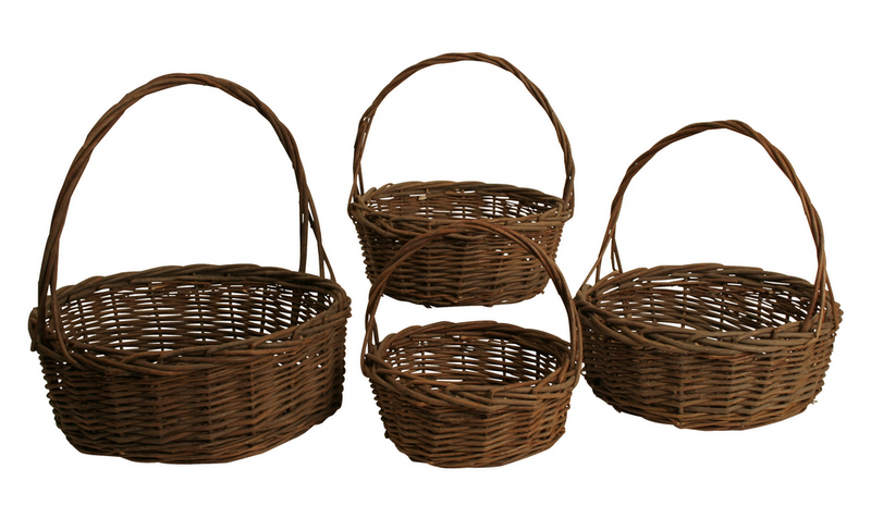 Brown woven willow baskets with round handles, nested sizes