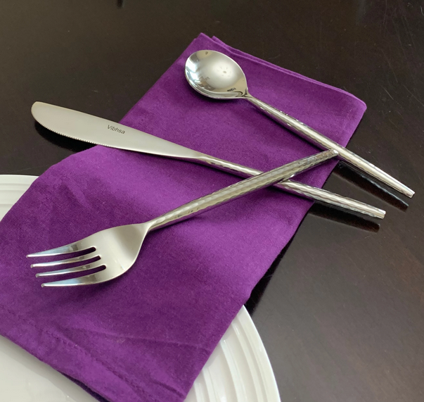 Vibhsa hammered stainless steel flatware set with dinner knives, forks, and spoons
