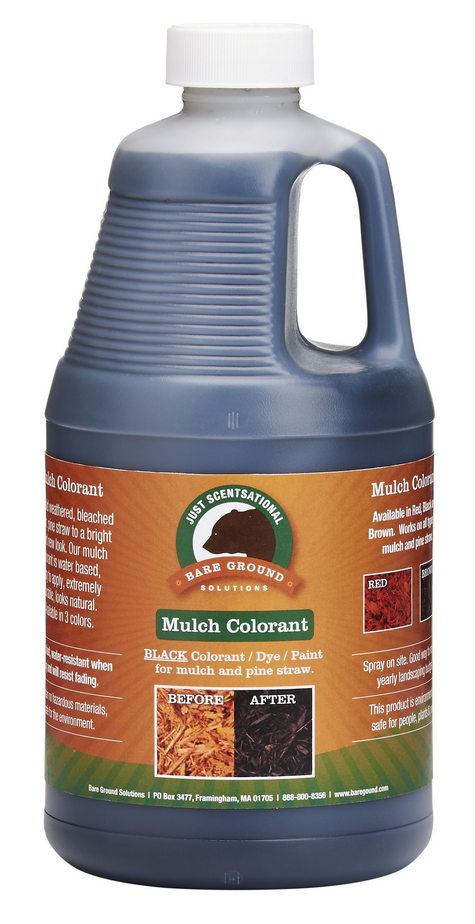 Black mulch colorant bottle with handle and printed product label