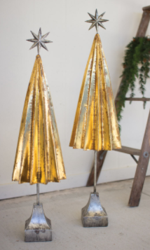 Set of two folded gold metal tabletop trees with silver star toppers