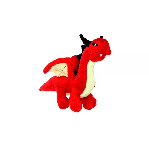 Red junior dragon plush with black horns and white belly