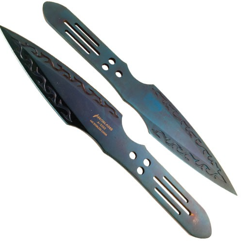 2-piece dark teal throwing knife set with pointed blades, cutouts, and slot handles