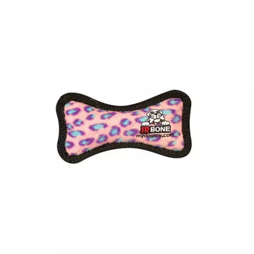 Junior pink leopard print bone-shaped plush dog toy with black edging