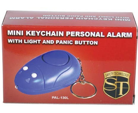 Blue keychain personal alarm with light and panic button, with metal keyring