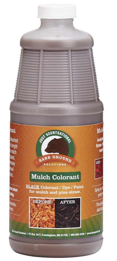 Brown bark mulch colorant concentrate bottle, quart size, brown label on plastic jug