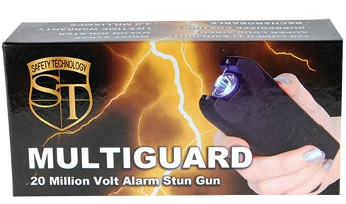 Black MultiGuard stun gun alarm and flashlight retail box with hand holding device
