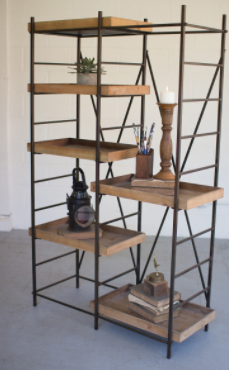 Black metal iron shelving unit with wooden adjustable shelves, open frame, multiple tiers