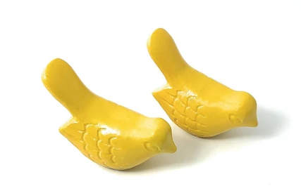 Yellow bird figurines, set of 2, sitting with curved wings