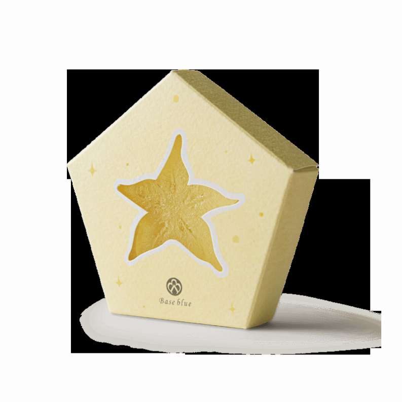 Yellow star soap bar on a box with a star emblem and 'Base Blue' logo