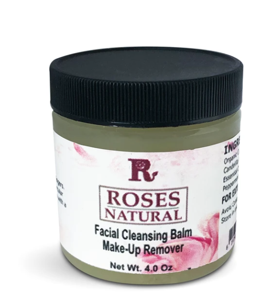 Facial cleansing balm jar, brown balm, black ribbed lid, floral label, 4 oz