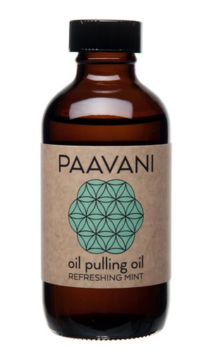 PAAVANI mint oil pulling oil bottle, 4 oz glass with black cap