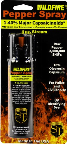 Wildfire pepper spray stream canister in blister pack, orange nozzle cap