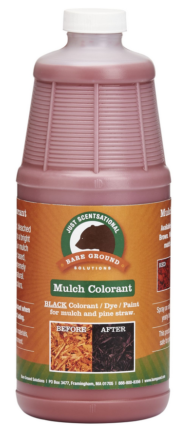 Quart mulch colorant concentrate bottle, red plastic jug with label and 'Mulch Colorant'