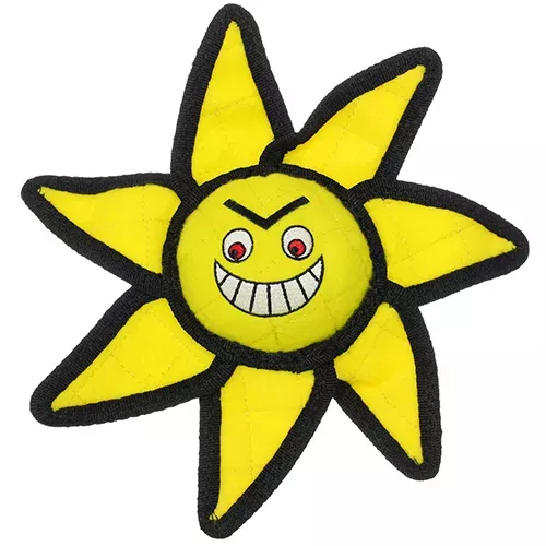 Tuffy Alien ball plush sun toy, yellow with alien face and black edging
