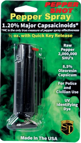 Black hard-case pepper spray canister with belt clip and quick-release keychain