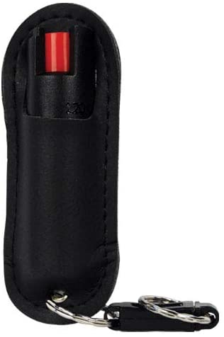 Black pepper spray holster with red safety insert and key ring