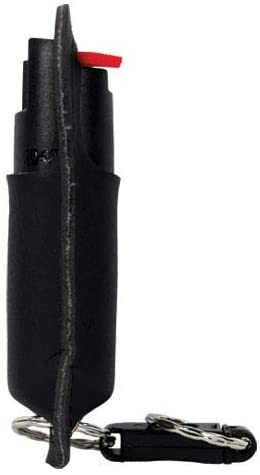 Black pepper spray holster with red safety insert and attached key ring