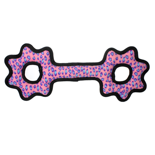 Pink leopard-print dog tug toy with two rope holes and black trim