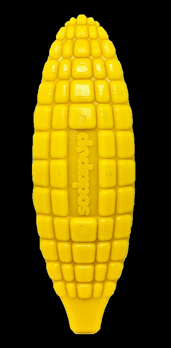 Yellow corn-on-the-cob nylon chew toy, tall ridged cob close-up