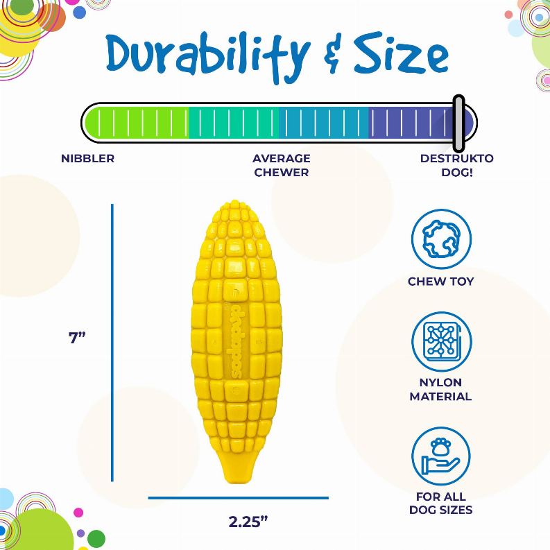 Yellow corn-shaped nylon chew toy with raised grid texture