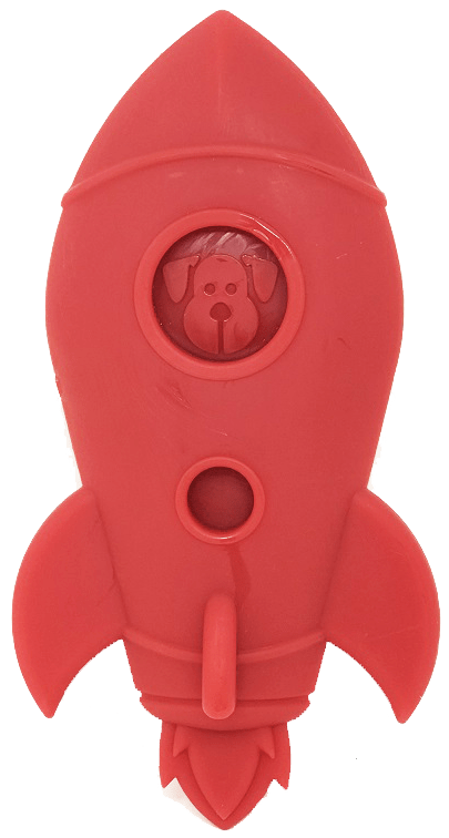 Red rocket-shaped dog chew toy with circular window and fin details