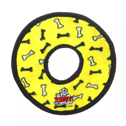Ultimate ring dog toy in yellow with black bone patterns and Tuffy No Stuff logo