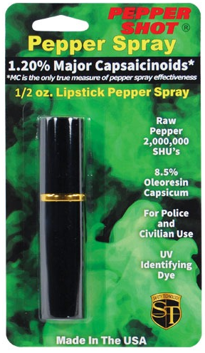 Black lipstick-style pepper spray container, 1/2 oz, retail blister package