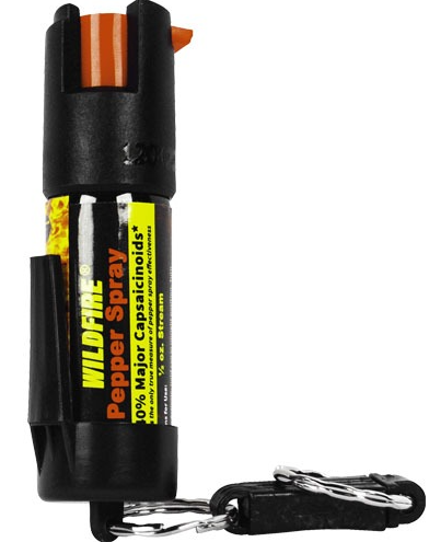 Black Wildfire pepper spray belt clip with quick-release keychain and orange cap