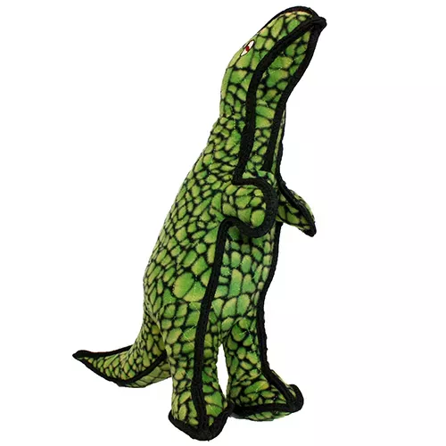 Tuffy T-Rex dinosaur plush toy, green textured skin with black trim, standing.