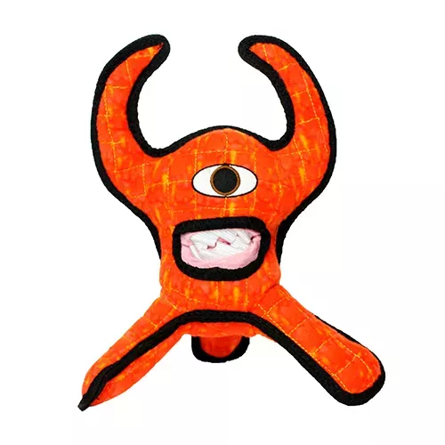 Tuffy Alien plush toy in red-orange with stitched horns and open mouth