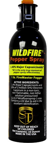 Black pepper spray fogger canister with orange top and FireMaster label