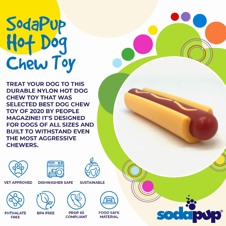 Durable nylon hot dog chew toy in yellow and red, shown on a product card