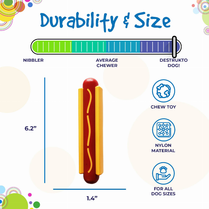 Yellow and red hot dog chew toy on a durability and size chart