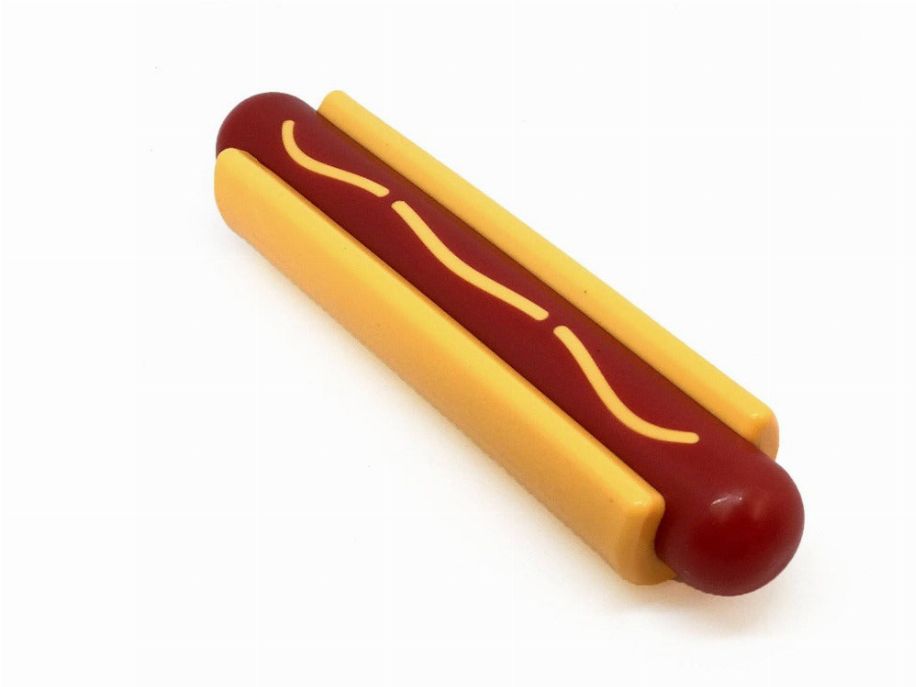 Yellow and red hot dog chew toy, top view with ridged lines