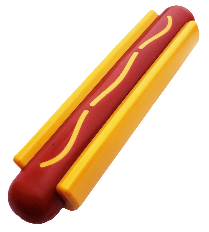 Hot dog-shaped chew toy with red ends and yellow body, angled view