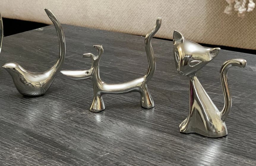 Set of 3 silver-tone animal ring holders: cat, dog, and bird silhouettes