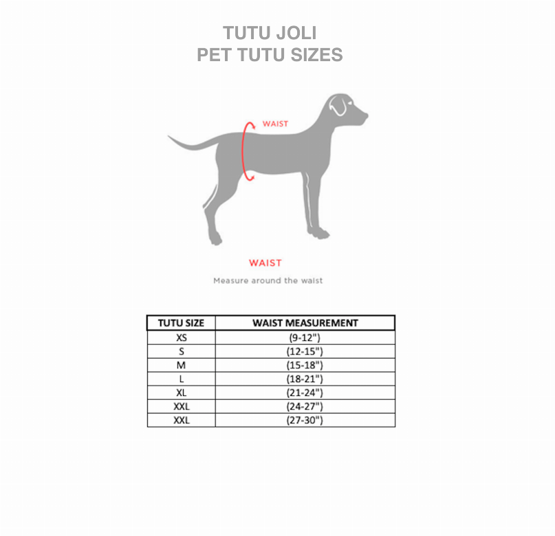 Pet tutu size chart with waist measurements for XS to XXL