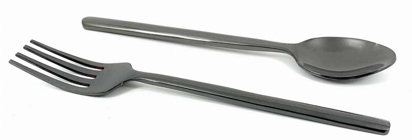 Black glossy stainless dessert spoon and appetizer fork, set piece