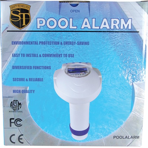 White pool alarm device with round top and short base, shown on retail packaging