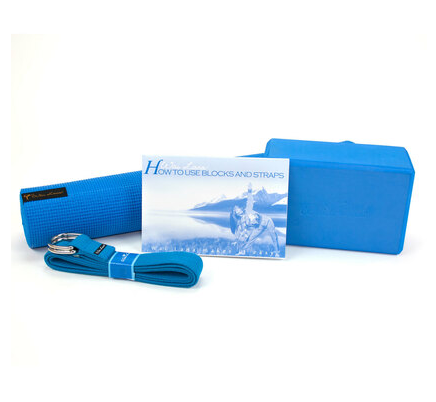 Blue yoga blocks and strap with instruction booklet, in matching storage case