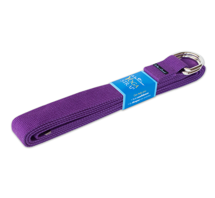 Purple woven yoga strap with metal D-ring buckle and folded looped end