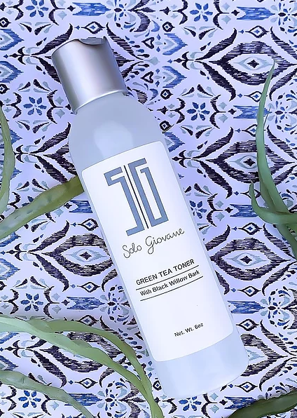Green tea toner bottle with metallic cap, white label, 6 fl oz.