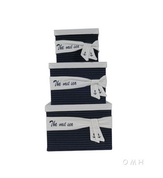 Set of 3 fabric storage boxes with covers, dark navy and white striped fabric, anchor patch