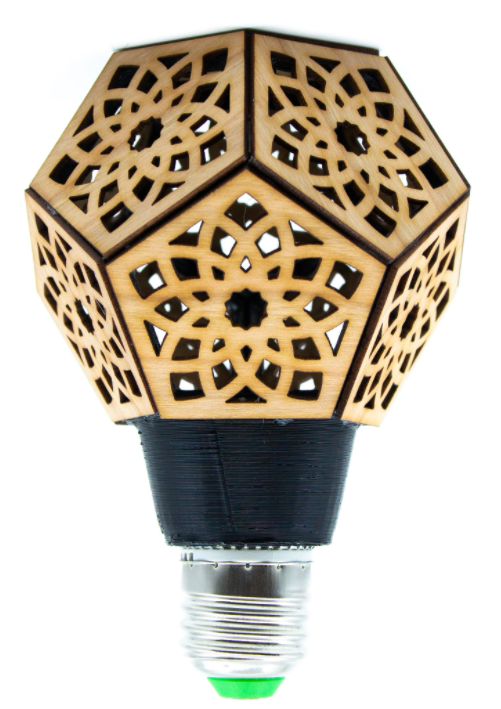 Geometric dodecahedron rosette lamp with laser-cut lattice wood shade on bulb base