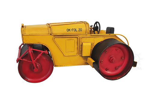 Handmade steam roller model with yellow body and red wheels, detailed black handle