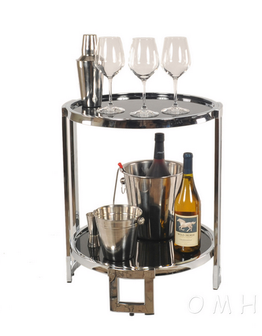 Chrome round end table with glass center tray and lower shelf for bottles and barware