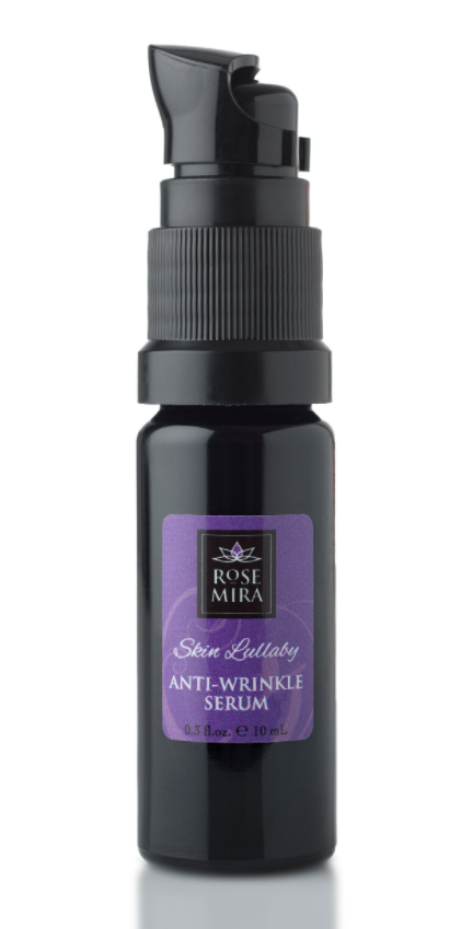 Anti-wrinkle serum bottle with black pump and purple label, 0.33 oz
