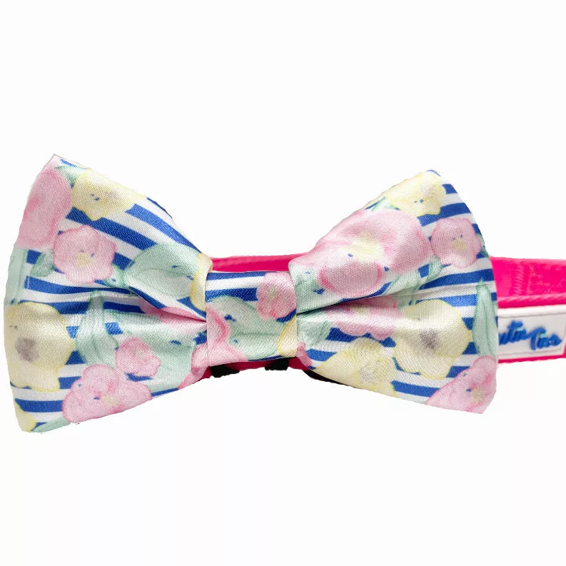 Dog bow tie with pastel pink, blue, and cream print bow and center knot