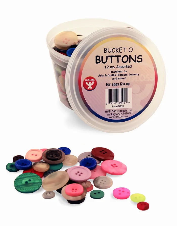 Button assortment in clear round bucket with mixed-color round buttons