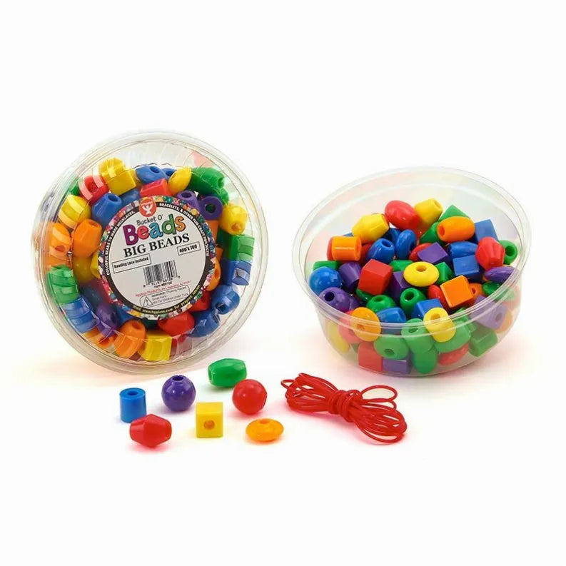 Big beads kit: two tubs of multicolor plastic beads with loose pieces and red tie